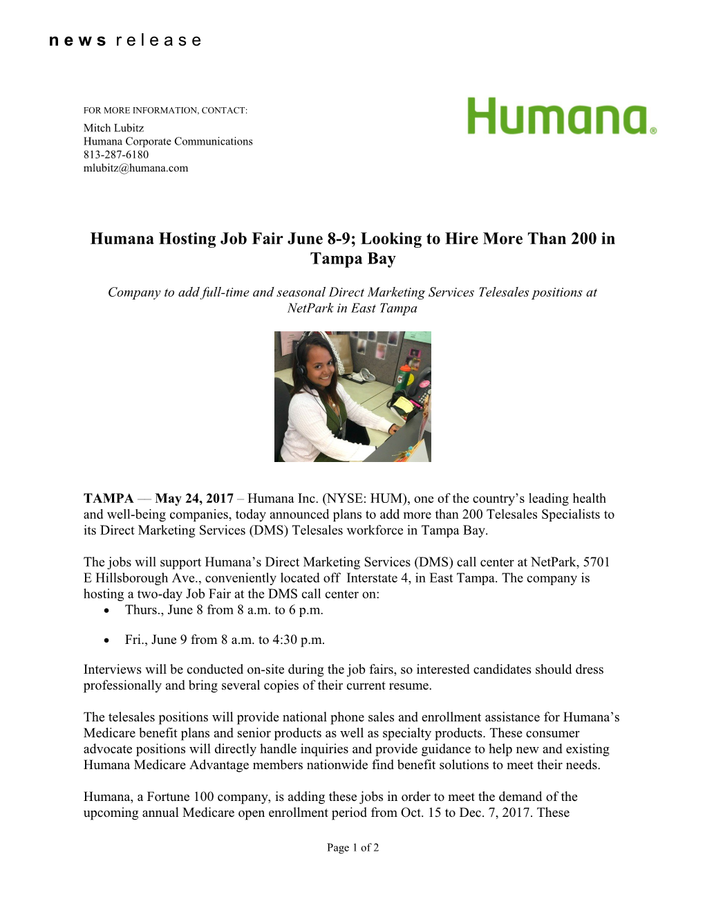 Humana Hosting Job Fair June 8-9; Looking to Hire More Than 200 in Tampa Bay