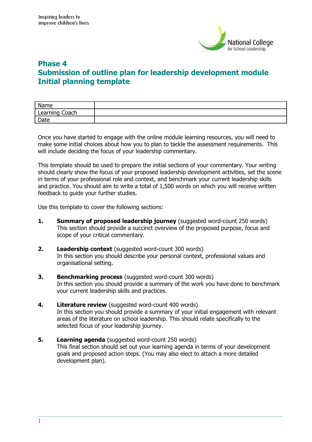 Submission of Outline Plan for Leadership Development Module