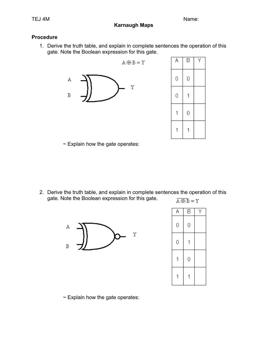 Activity 6.1B: XOR and XNOR Gates Answer Key