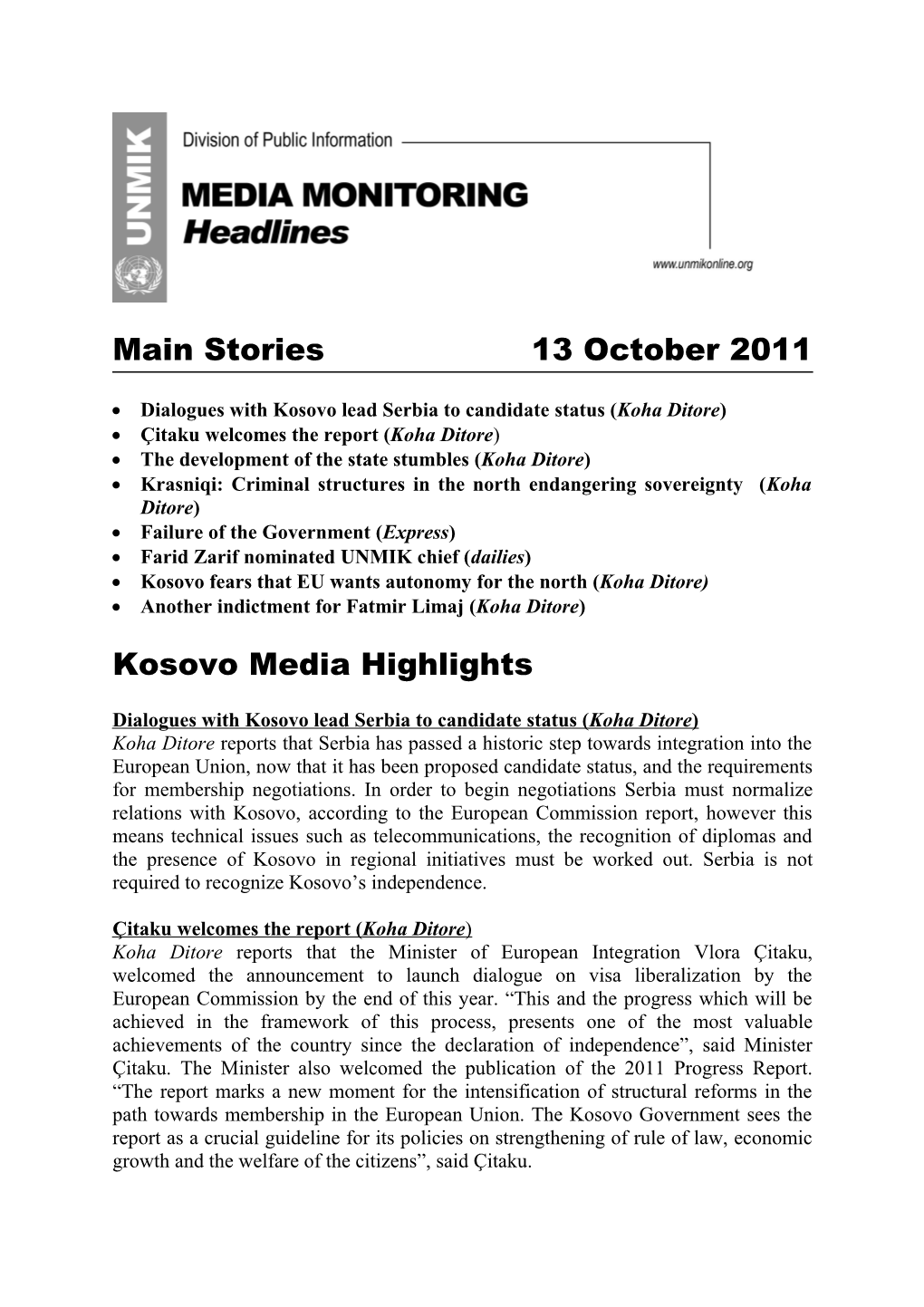 Main Stories 13October 2011