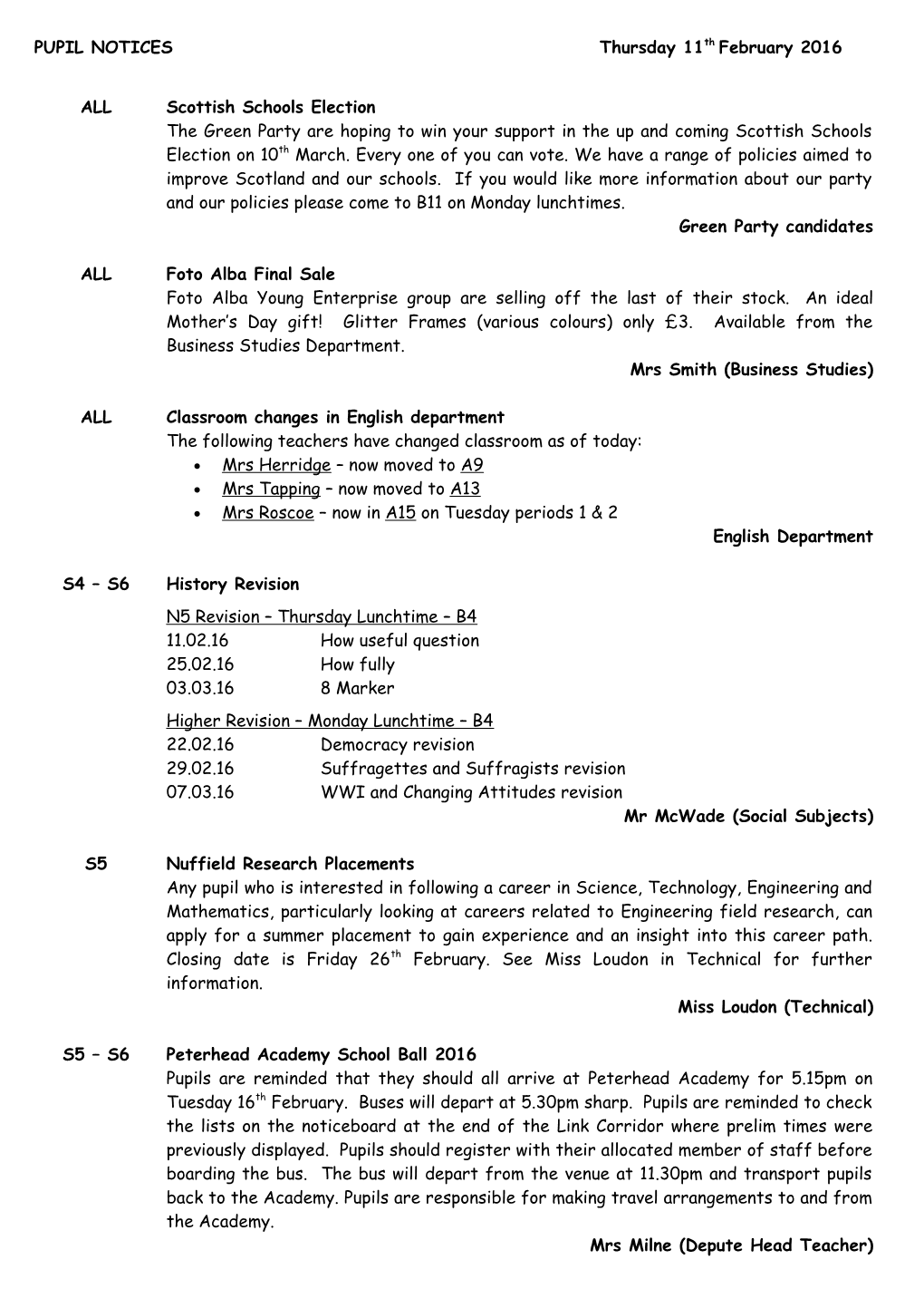 PUPIL NOTICES Thursday 11Th February2016