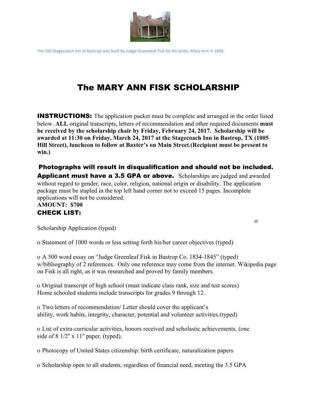The MARY ANN FISK SCHOLARSHIP