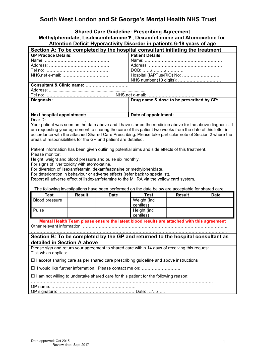 Shared Care Agreement - ADHD to 18 Years