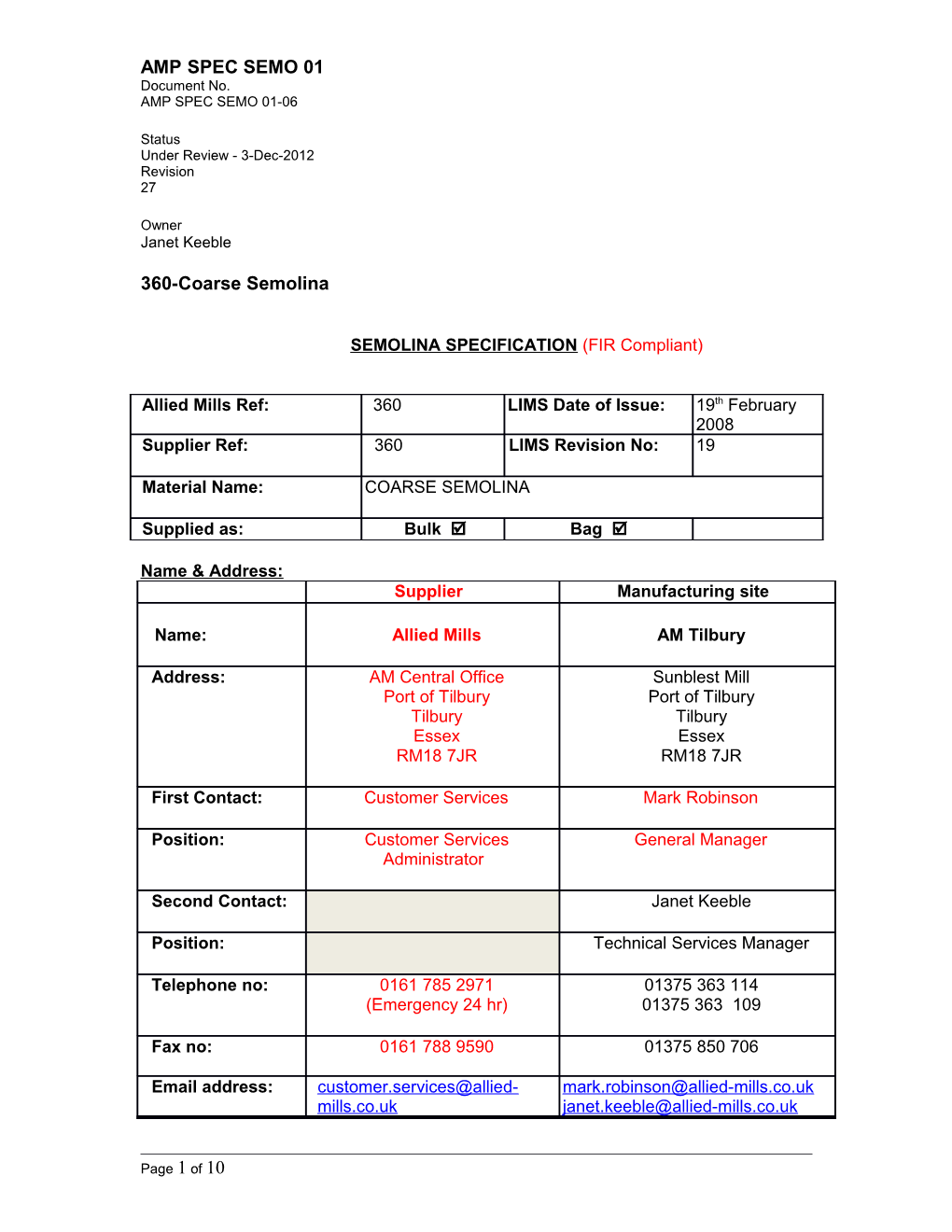 SEMOLINA SPECIFICATION (FIR Compliant)