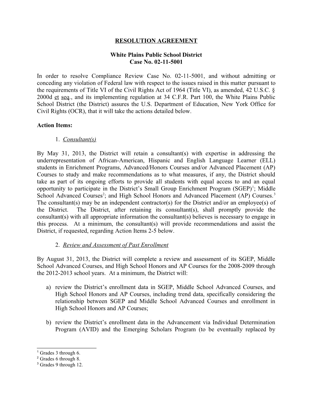 Resolution Agreement: White Plains Public School District, Case No. 02-11-5001 April 18