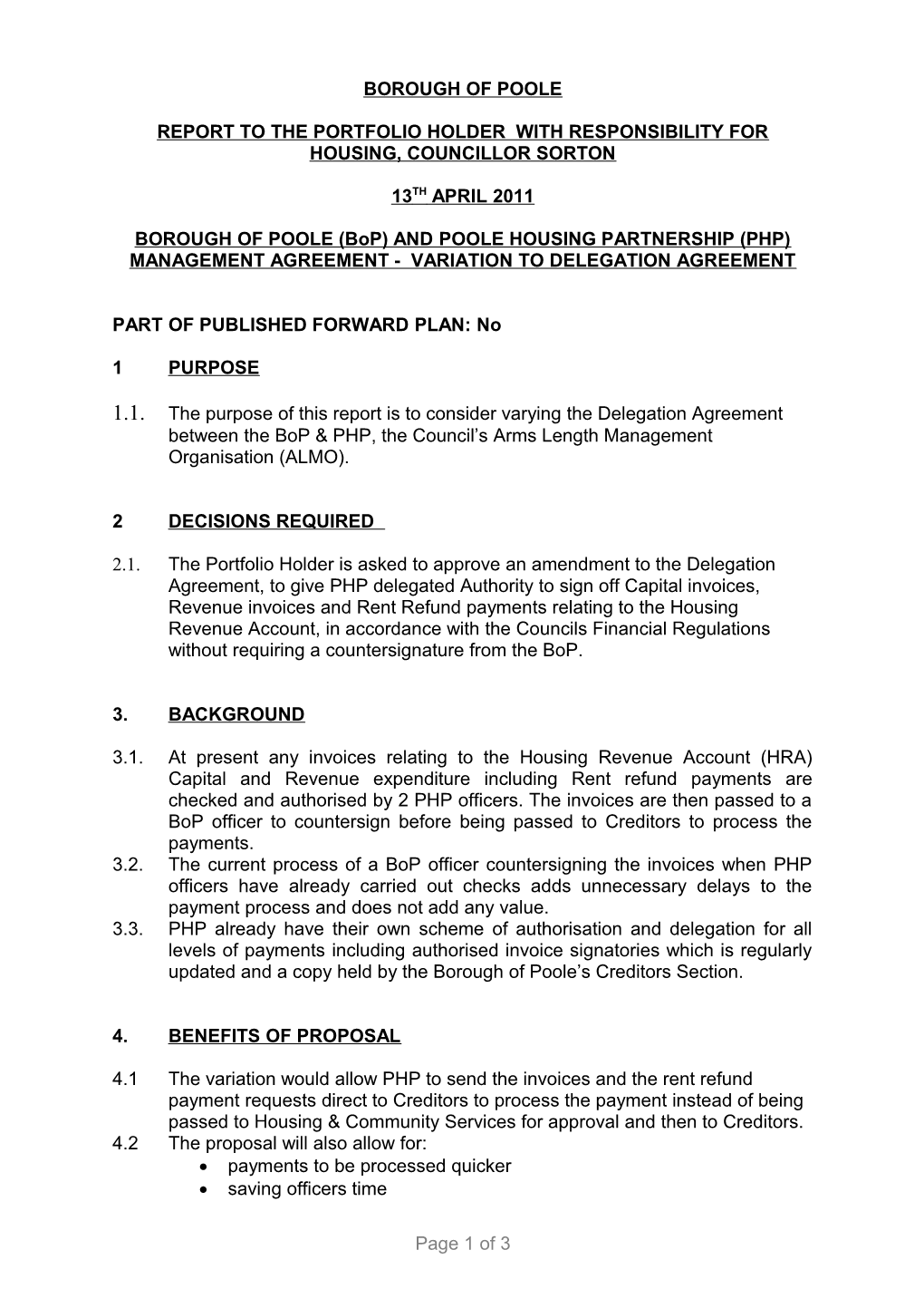 Borough of Poole (Bop) and Poole Housing Partnership (PHP) Management Agreement - Variation