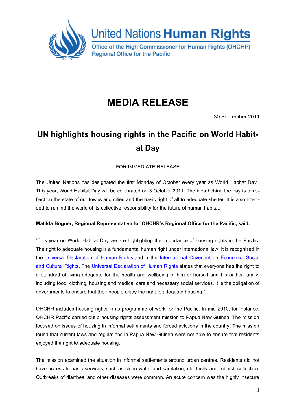 UN Highlights Housing Rights in the Pacific on World Habitat Day