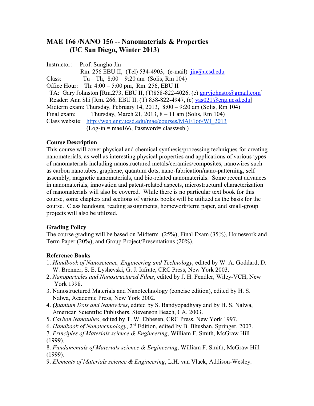 MATS 253/MAE 267 Nanomaterials & Properties