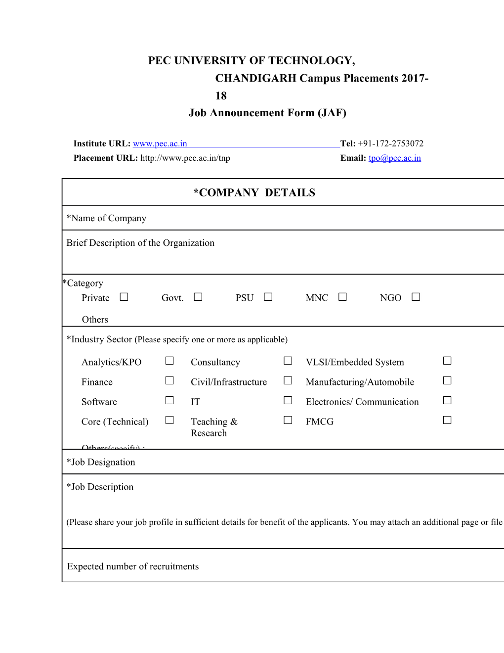 Job Announcement Form (JAF)