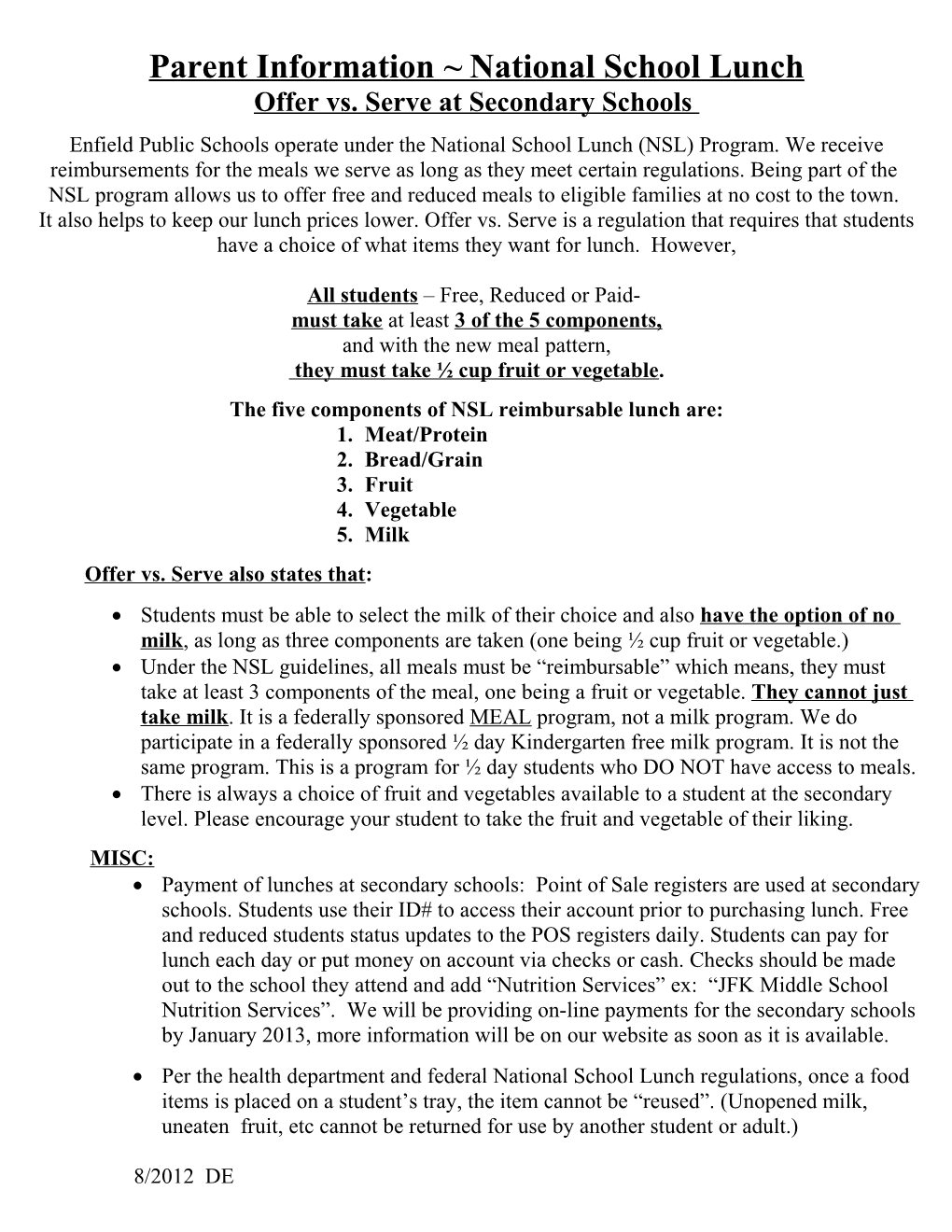 Parent Information National School Lunch