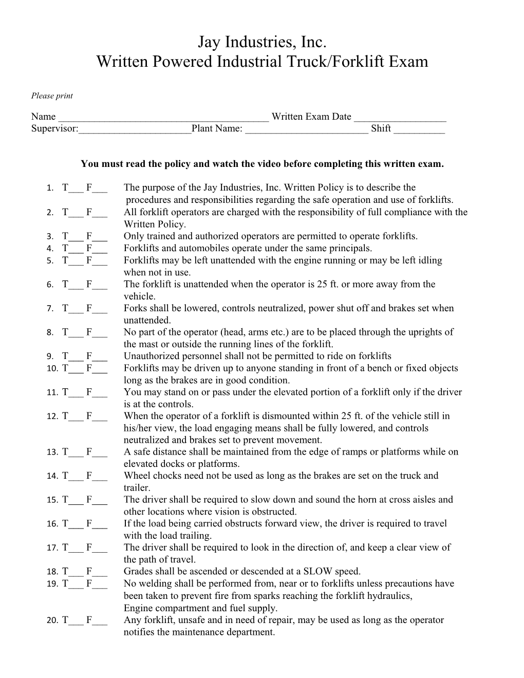 Written Powered Industrial Truck/Forklift Exam