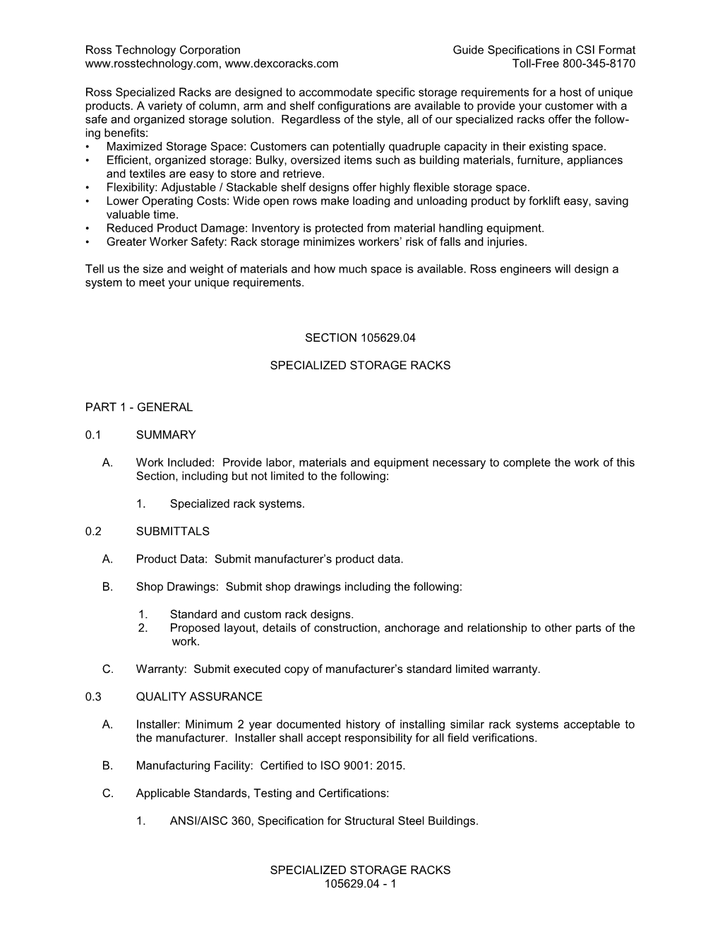 Ross Technology Corporation Guide Specifications in CSI Format s1