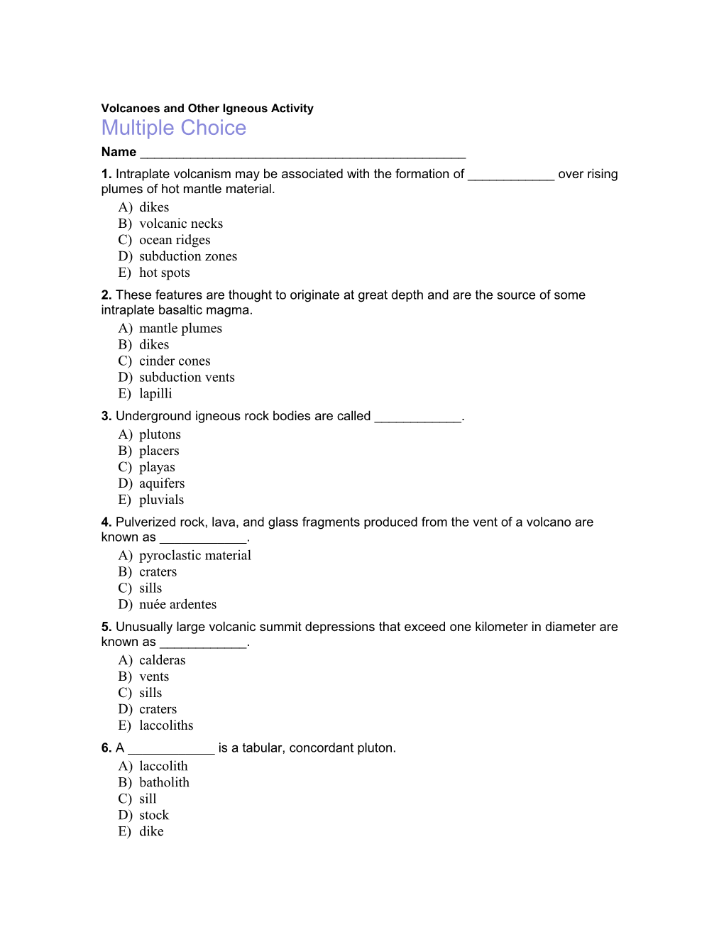 Volcanoes and Other Igneous Activity