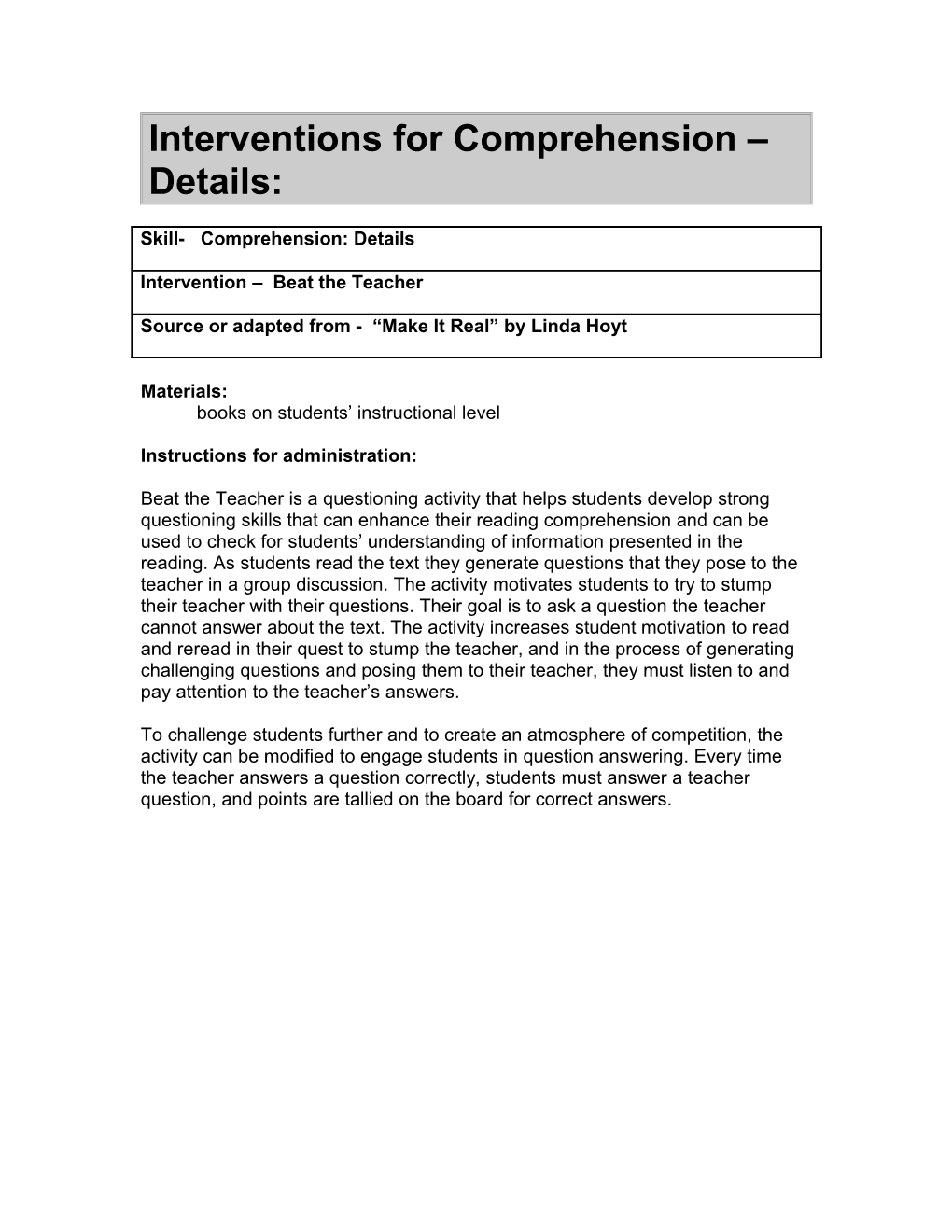 Interventions for Comprehension Details