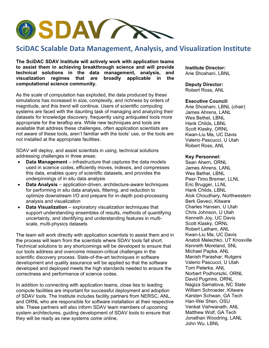 Scidac Scalable Data Management, Analysis, and Visualization Institute