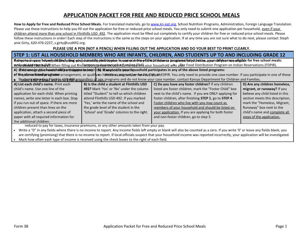 Application Packet for Free and Reduced Price School Meals