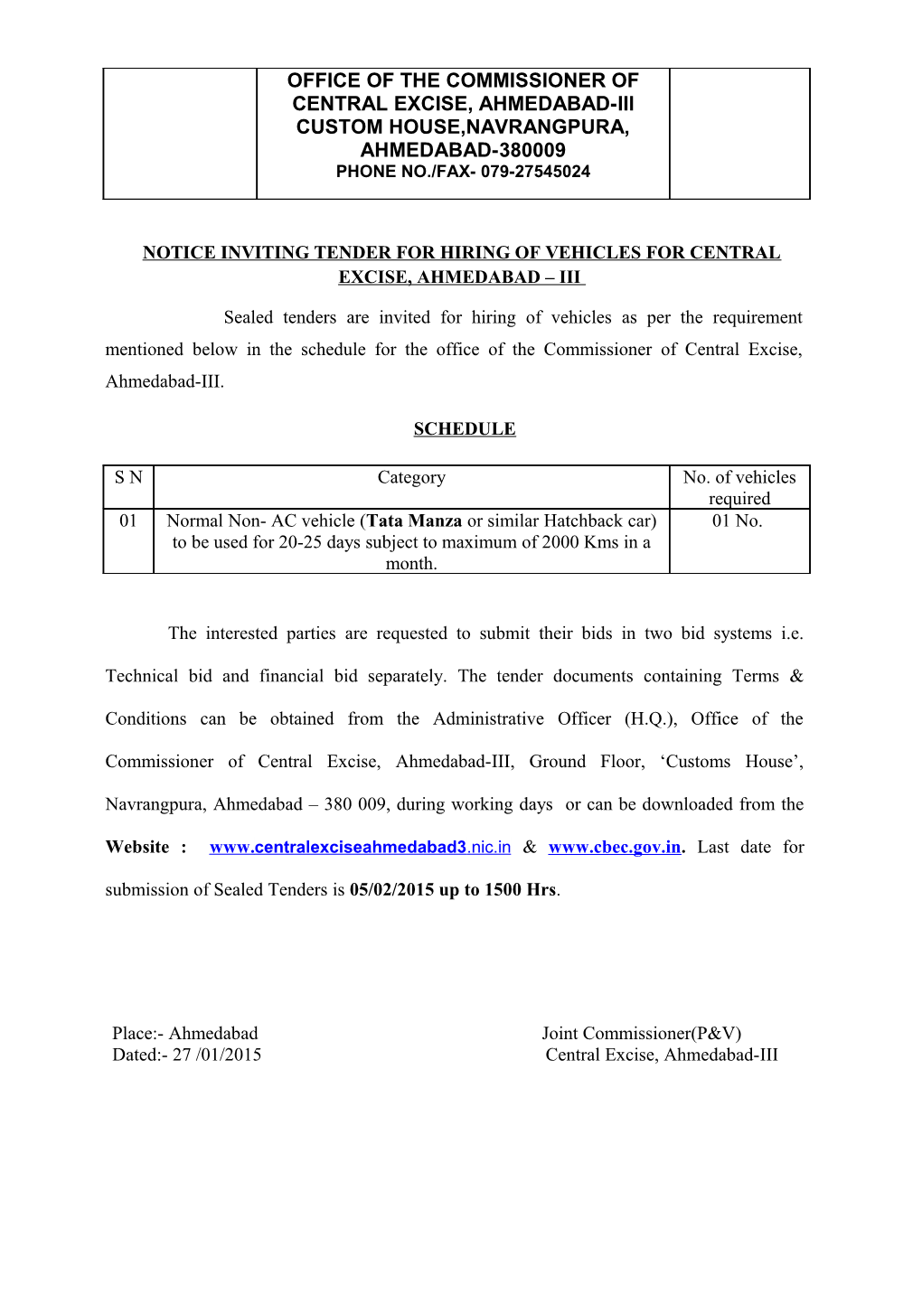 Notice Inviting Tender for Hiring of Vehicles for Central Excise, Ahmedabad Iii