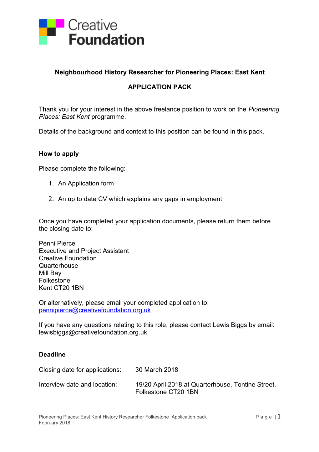 Neighbourhood History Researcherfor Pioneering Places: East Kent