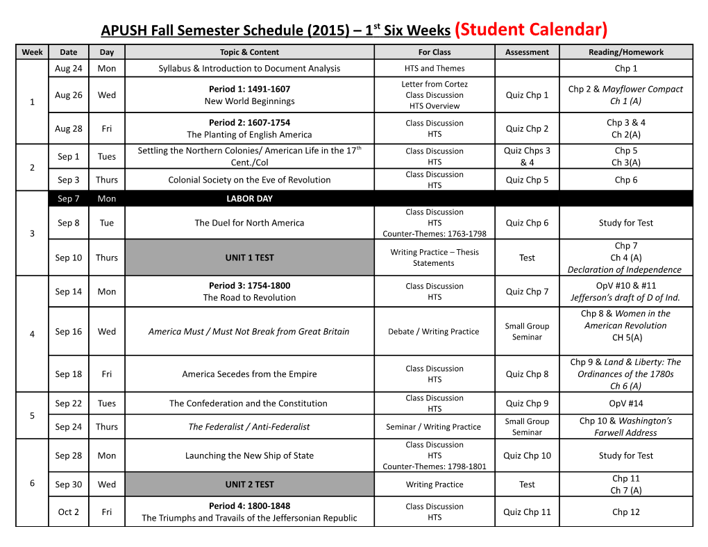 APUSH Fall Semester Schedule (2015) 1St Six Weeks (Student Calendar)