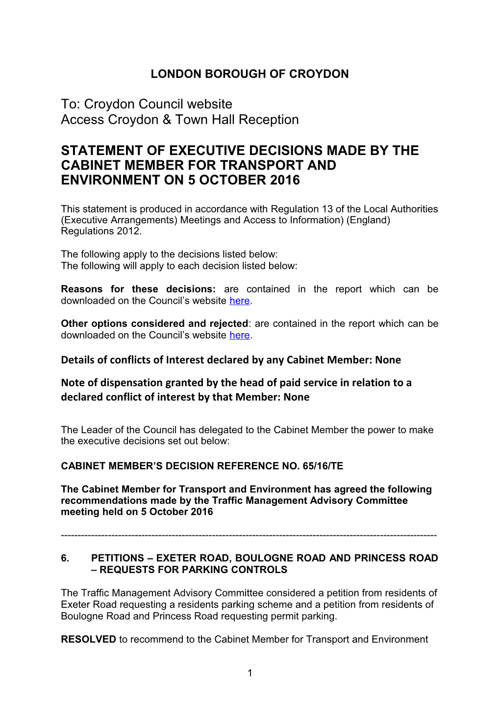 TE TEMPLATE Statement of Executive Decisions Made by the Cabinet Member