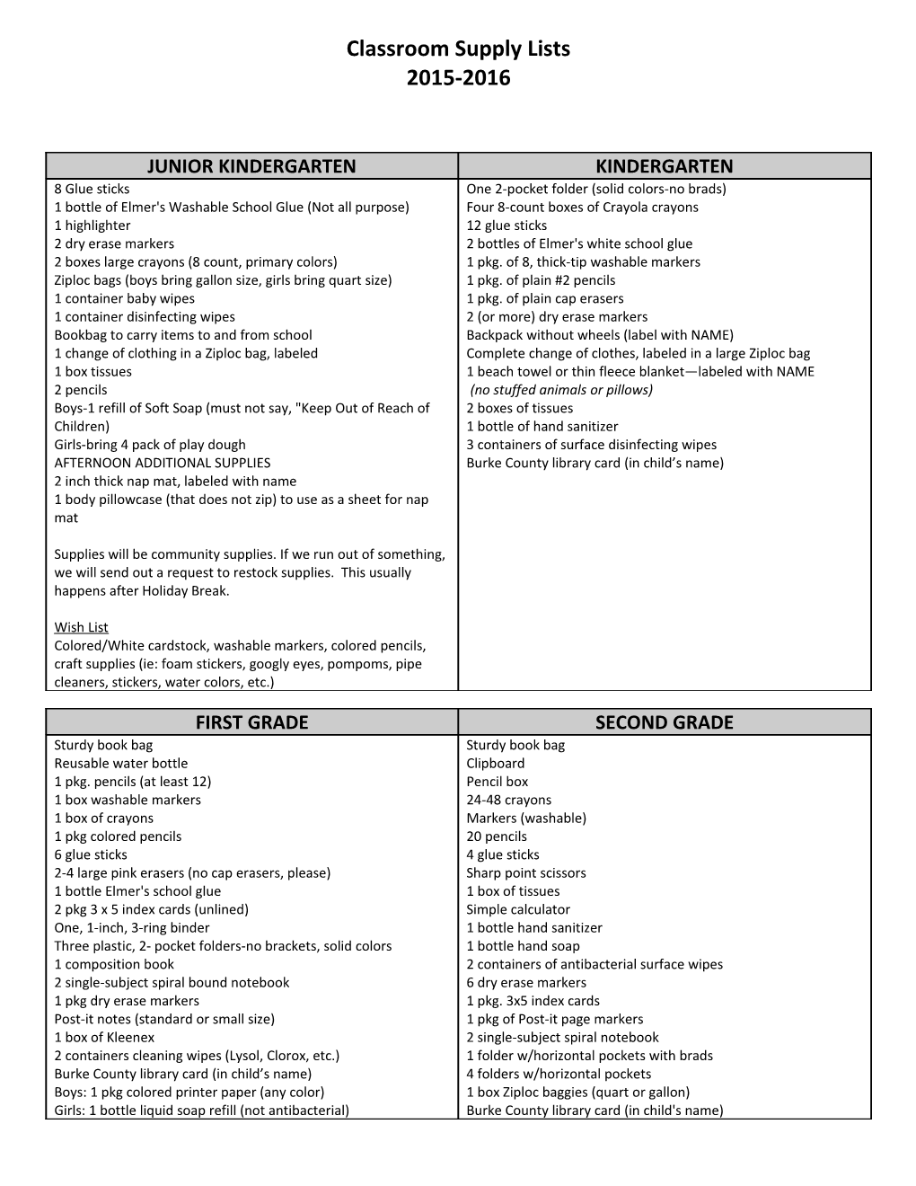 MDS Classroom Supply Lists