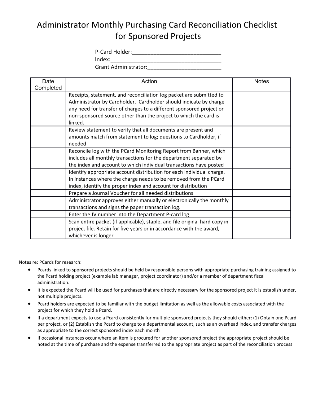 Administrator Monthly Purchasing Card Reconciliation Checklist