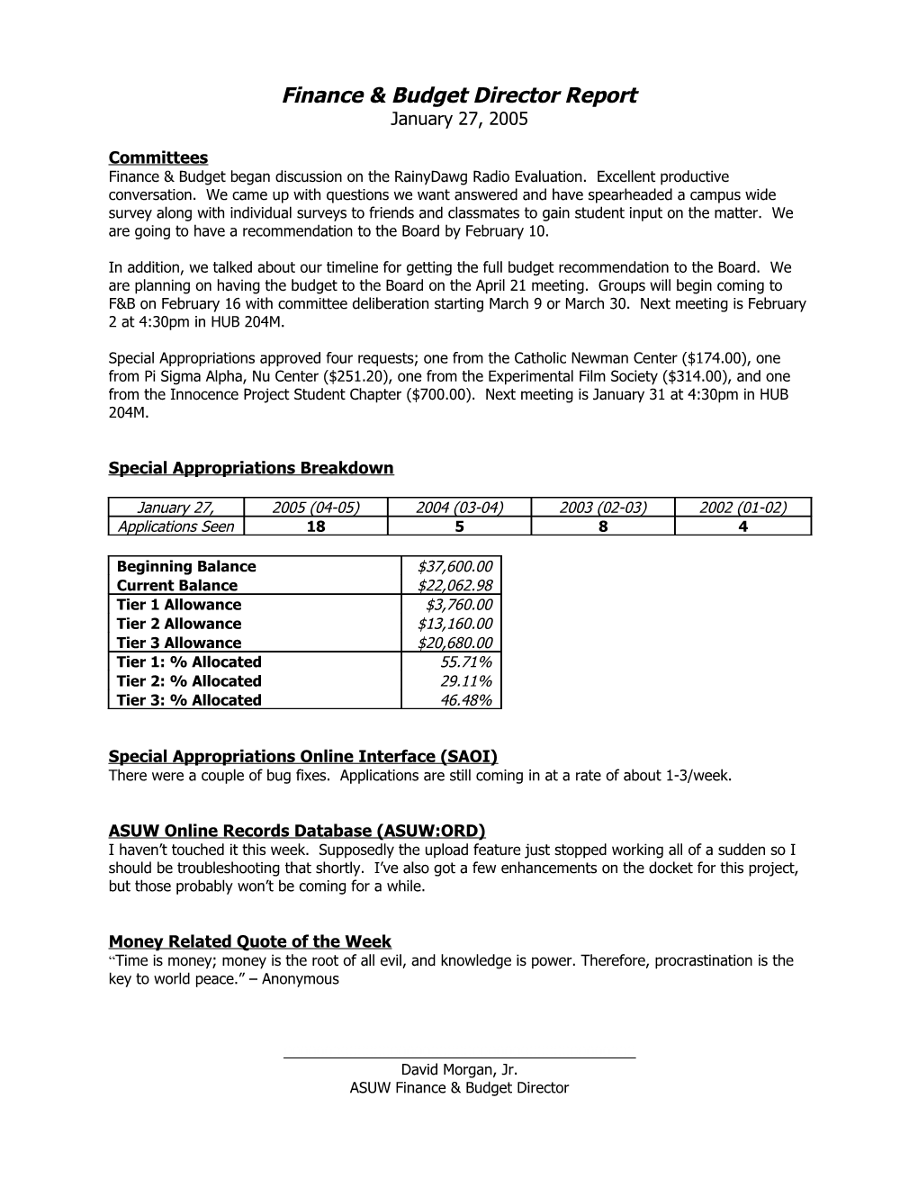 Finance & Budget Director Report