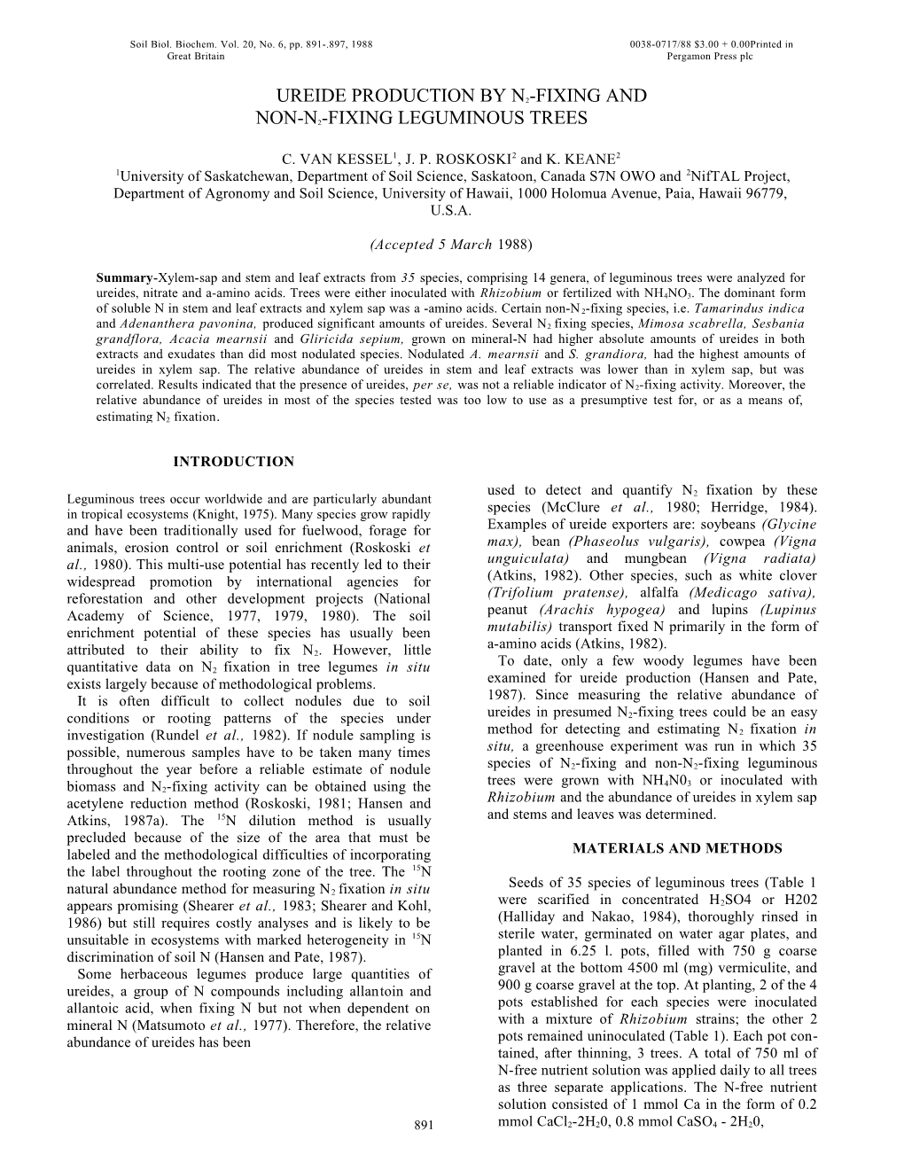 Soil Biol. Biochem. Vol. 20, No. 6, Pp. 891-.897, 1988 0038-0717/88 $3.00 + 0.00Printed