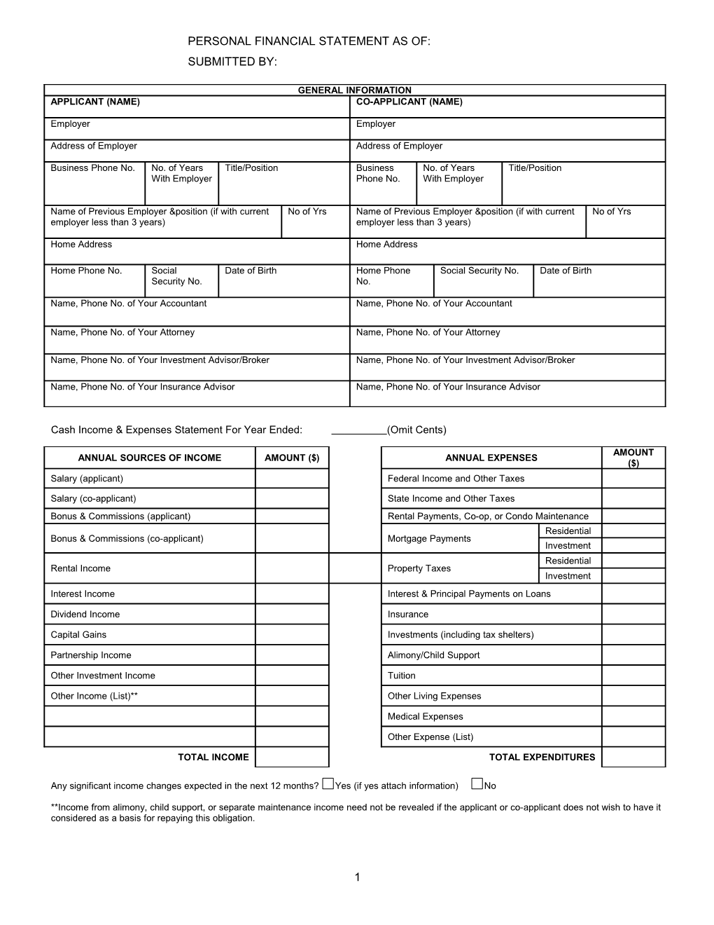 Cash Income & Expenses Statement for Year Ended: (Omit Cents)