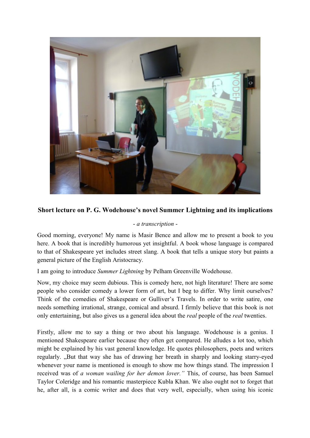Short Lecture on P. G. Wodehouse S Novel Summer Lightning and Its Implications