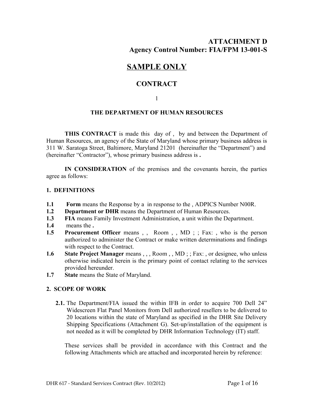 Attachment D Sample Contract s1