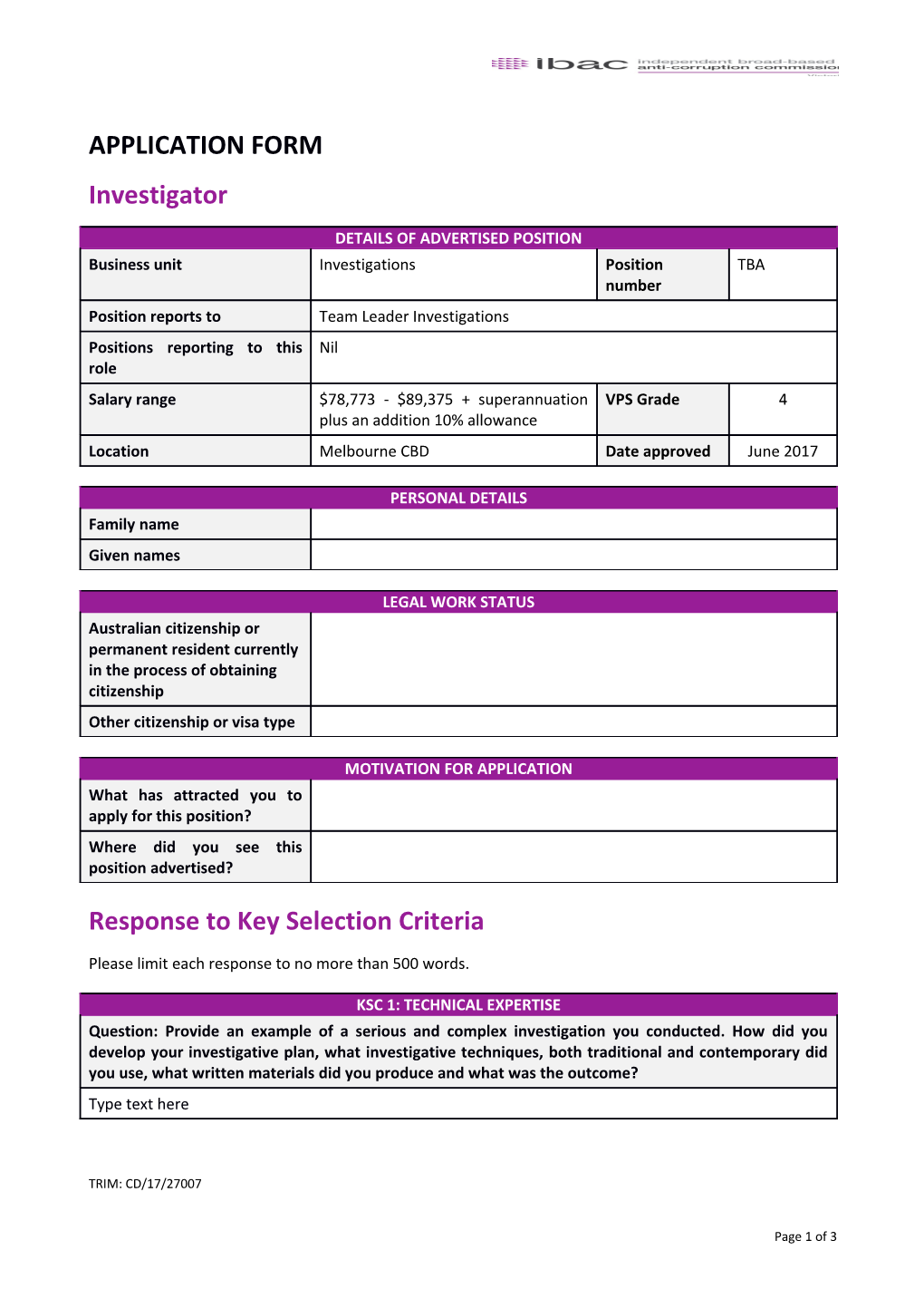 Response to Key Selection Criteria