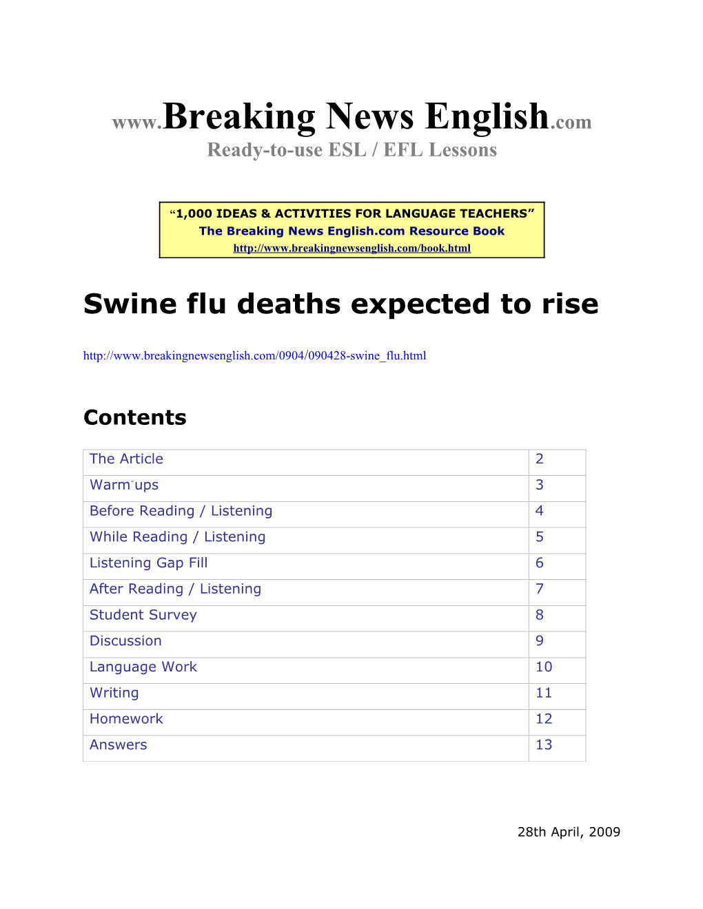 ESL Lesson: Swine Flu Deaths Expected to Rise
