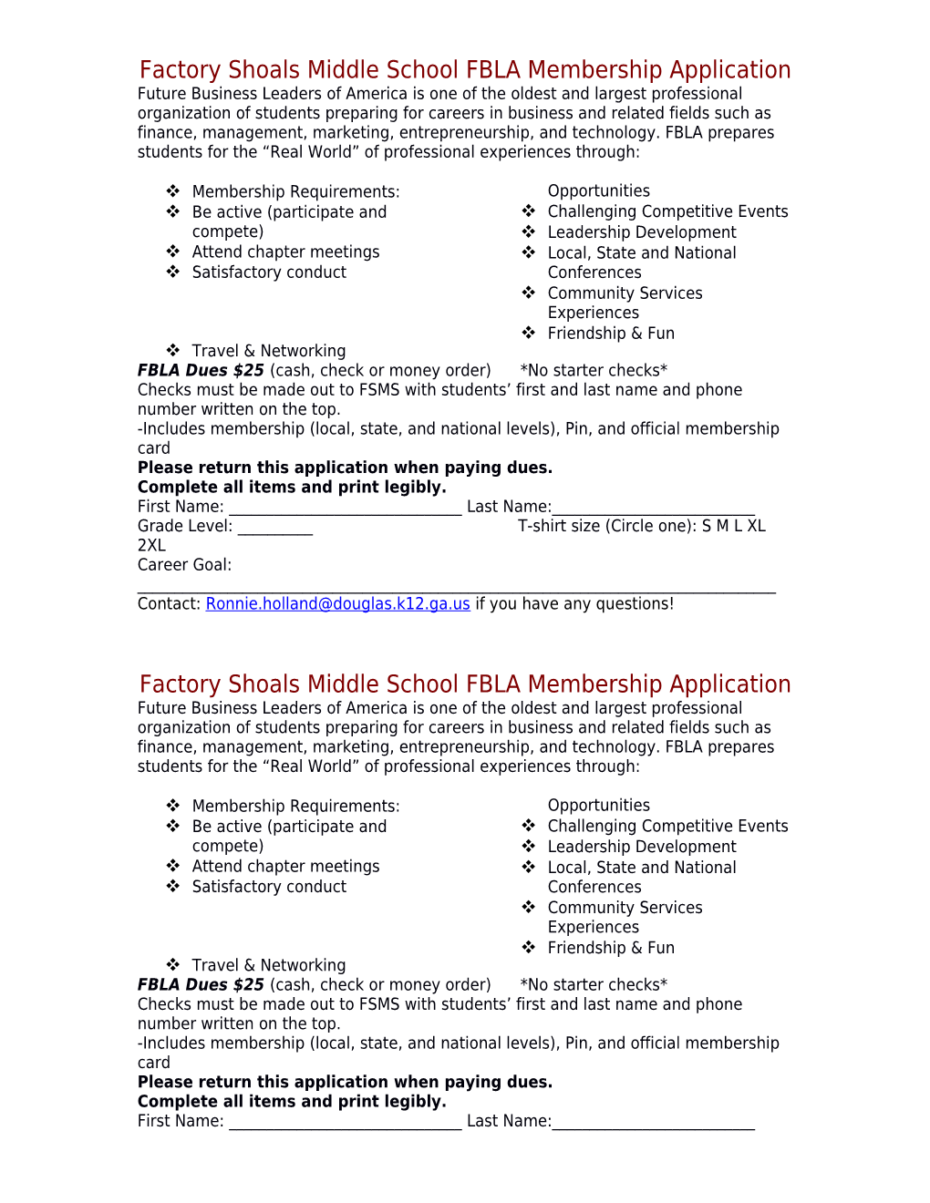 Factory Shoals Middle School FBLA Membership Application