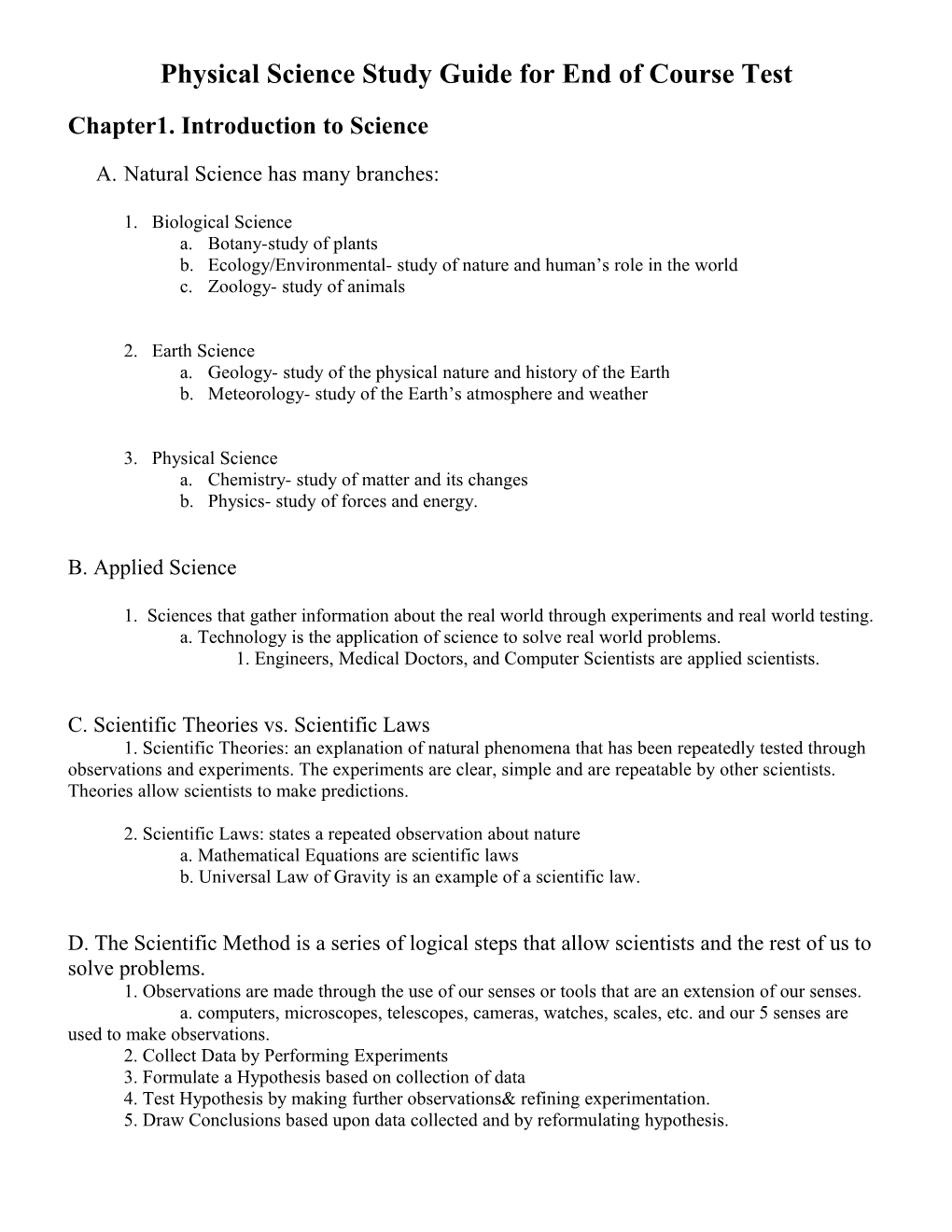 Physical Science Study Guide for End of Course Test