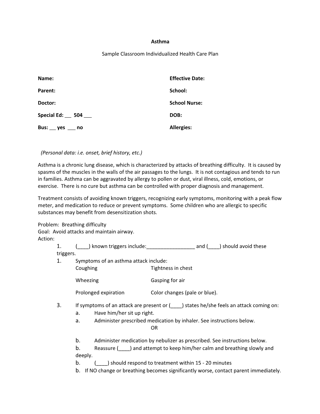 Sample Classroom Individualized Health Care Plan