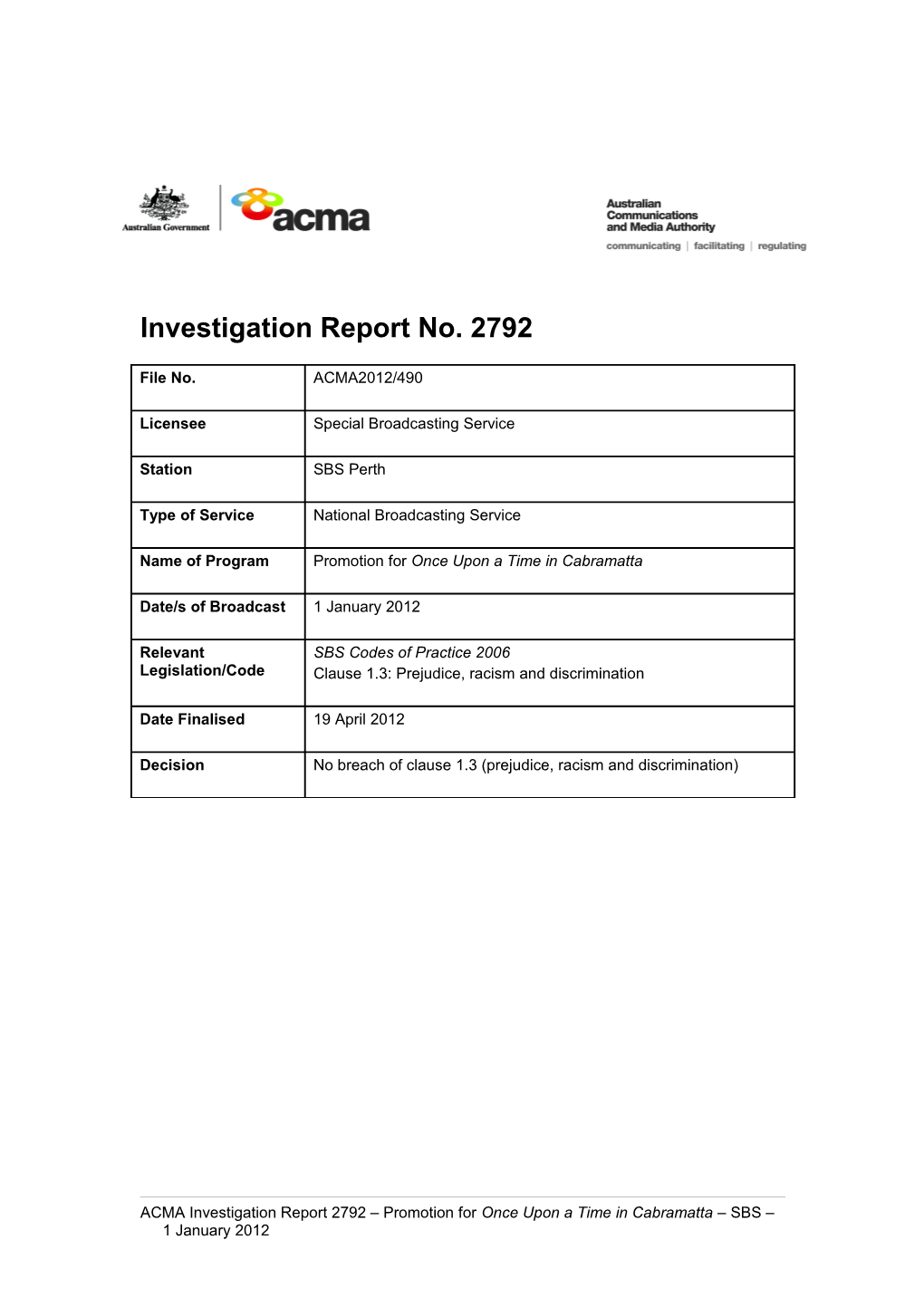 SBS Perth - ACMA Investigation Report 2792