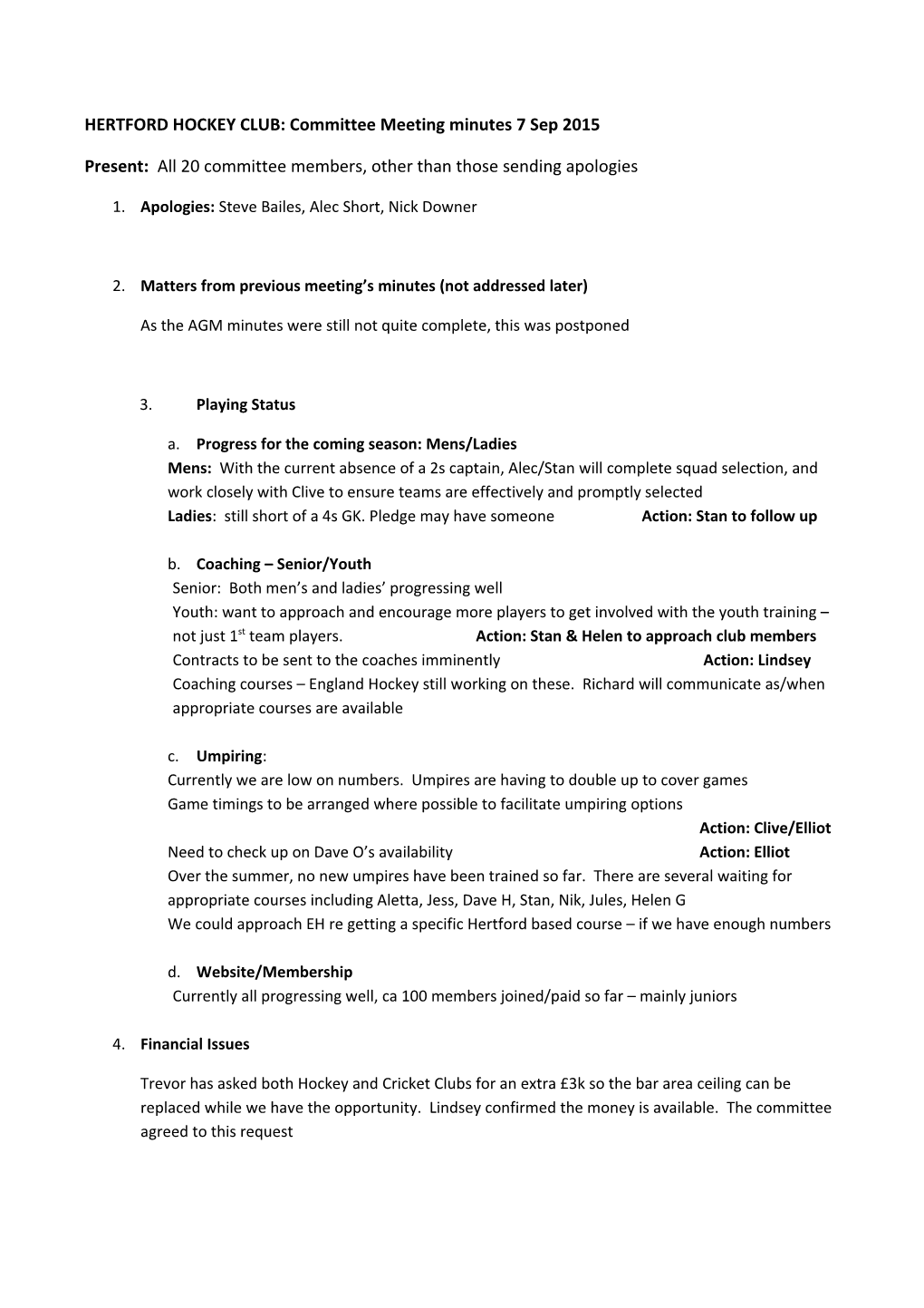 HERTFORD HOCKEY CLUB: Committee Meeting Minutes 7 Sep 2015