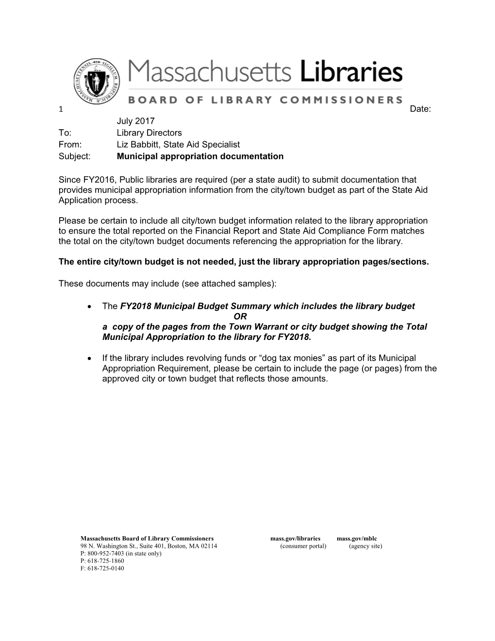 FY2018 State Aid to Public Libraries Budget Documentation