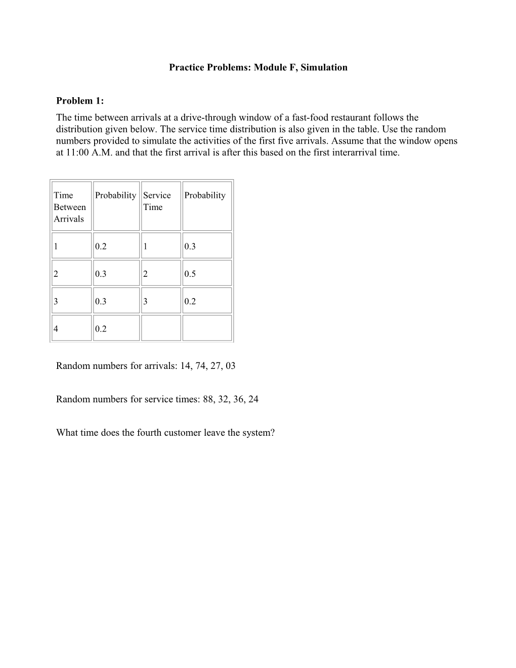 Practice Problems: Module F, Simulation