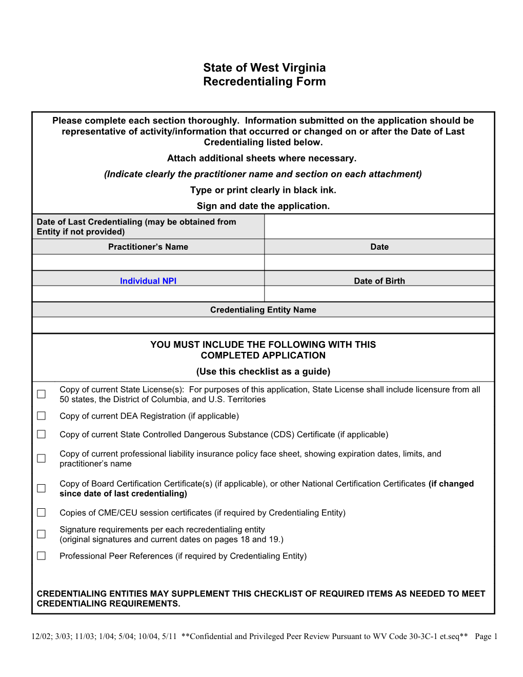 West Virginia Standardized Credentialing Form