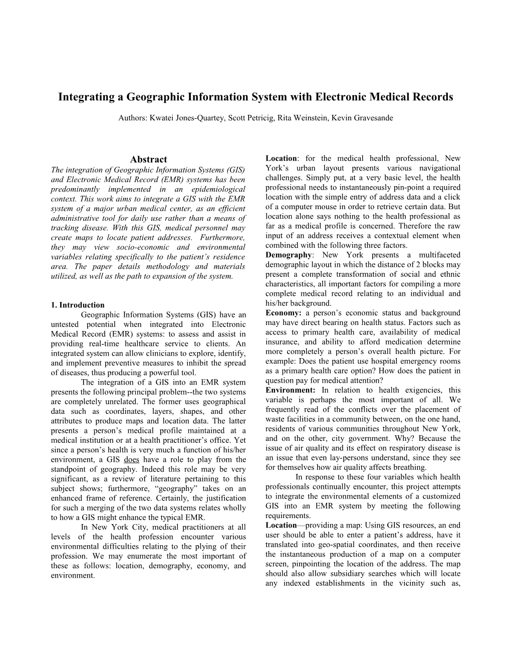 Developing a Geographic Information System for Use with Electronic Medical Records