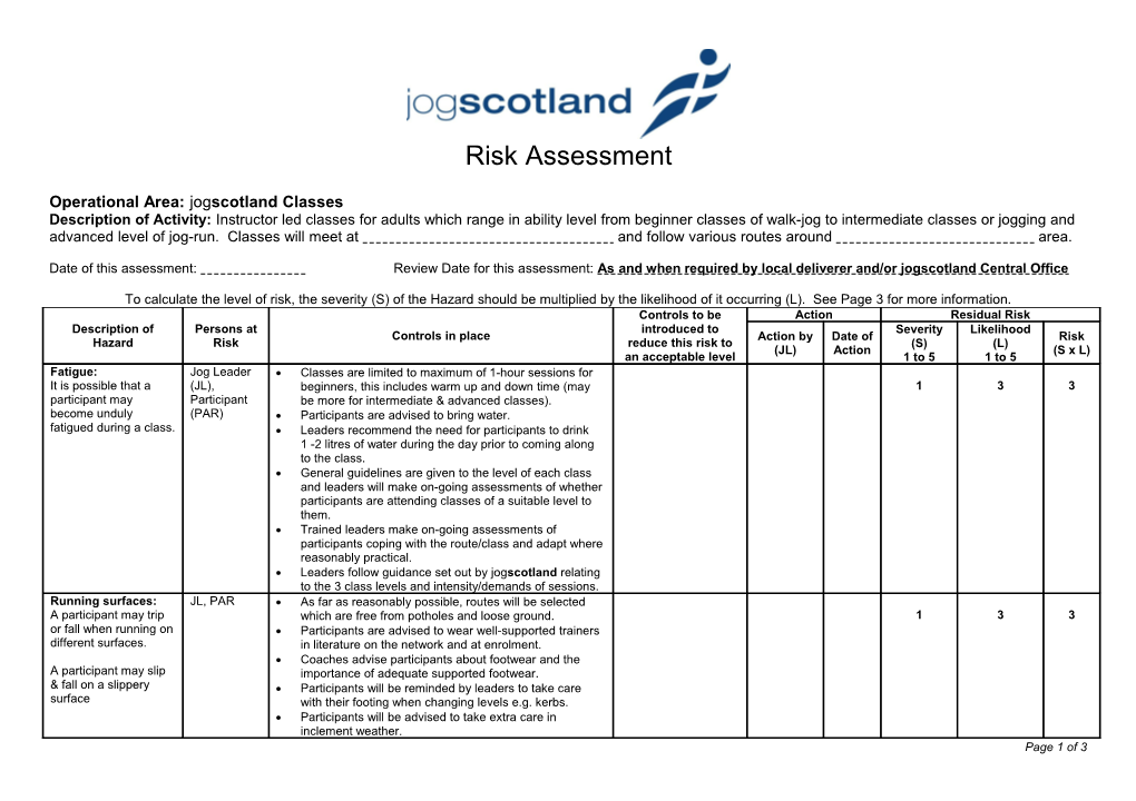 Jogscotland Risk Assessment for Jog Leaders and Groups