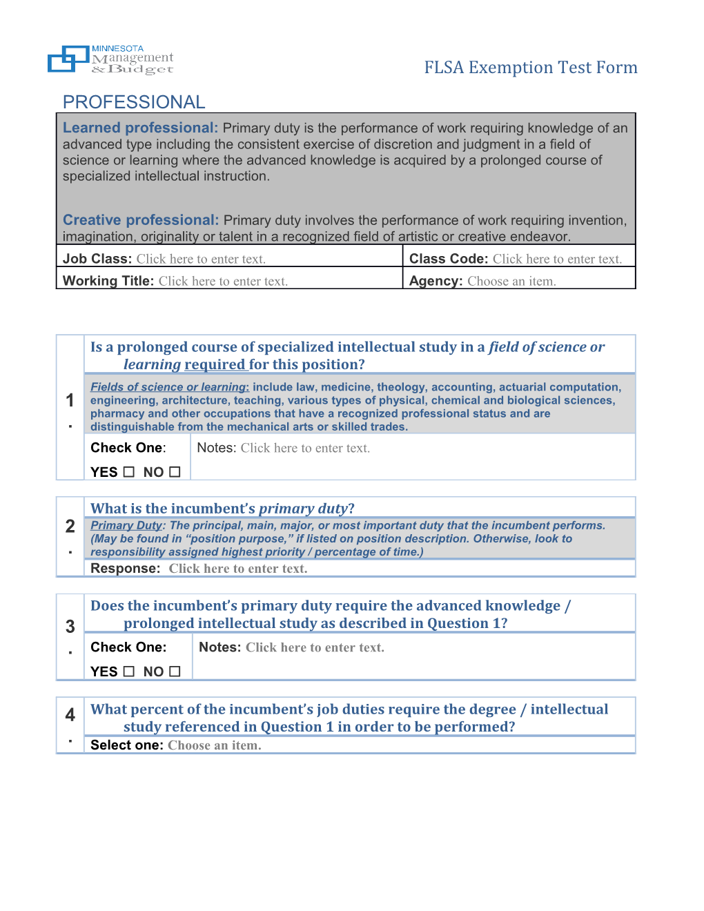 FLSA Exemption Test Form