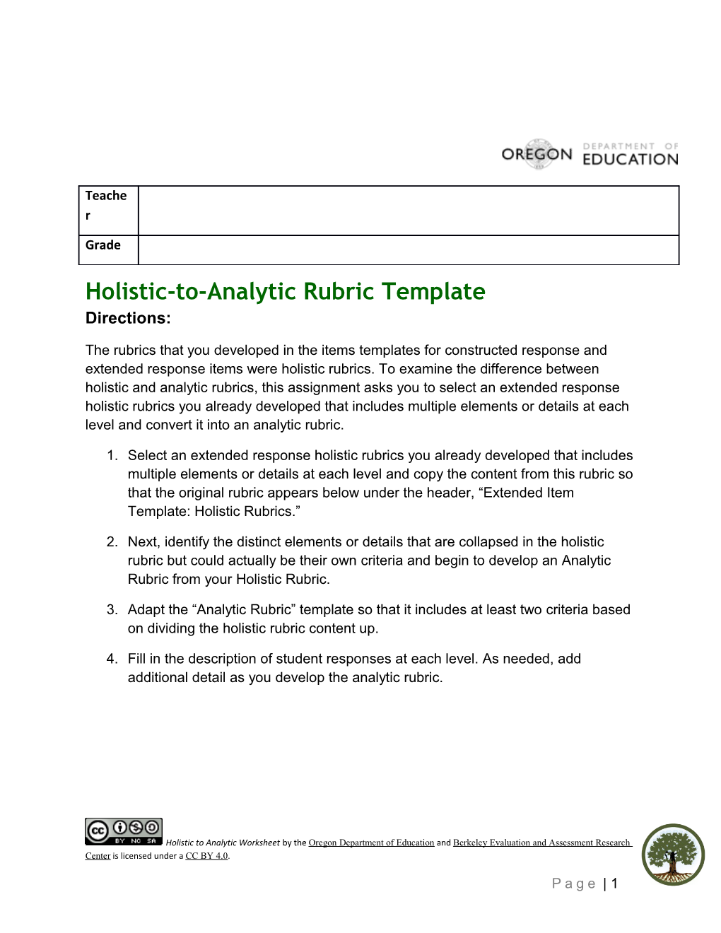 Holistic to Analytic Rubric Template Worksheet