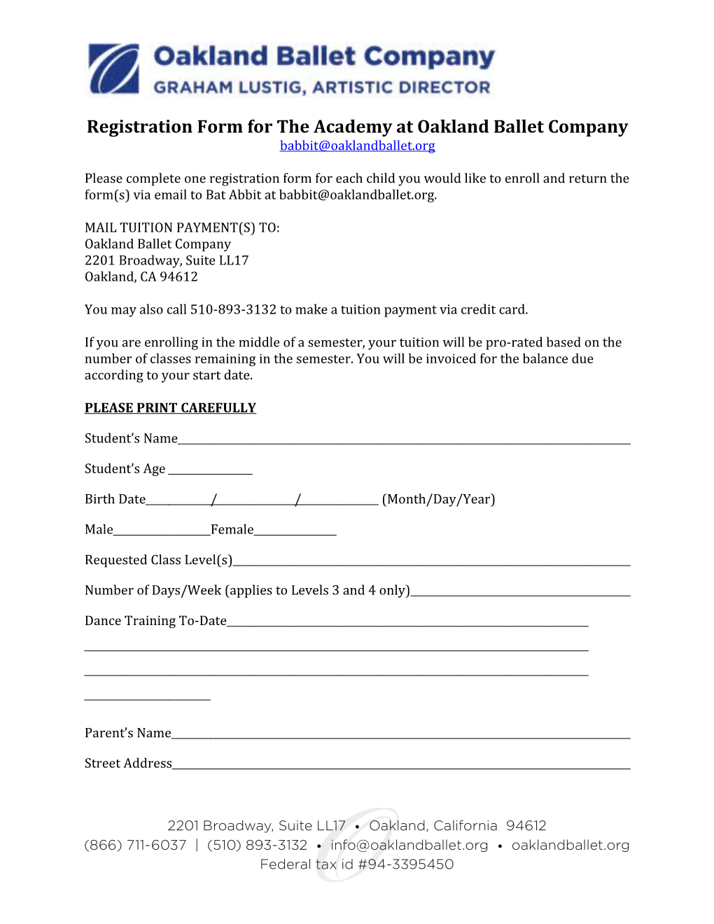 Registration Form for the Academy at Oakland Ballet Company