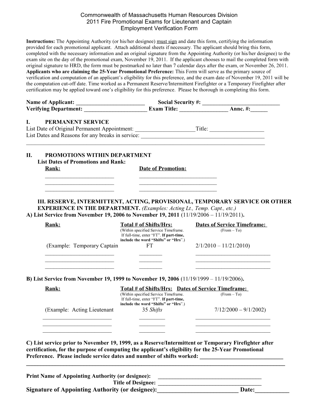 2011 Fire Promotional Exams Employment Verification Form