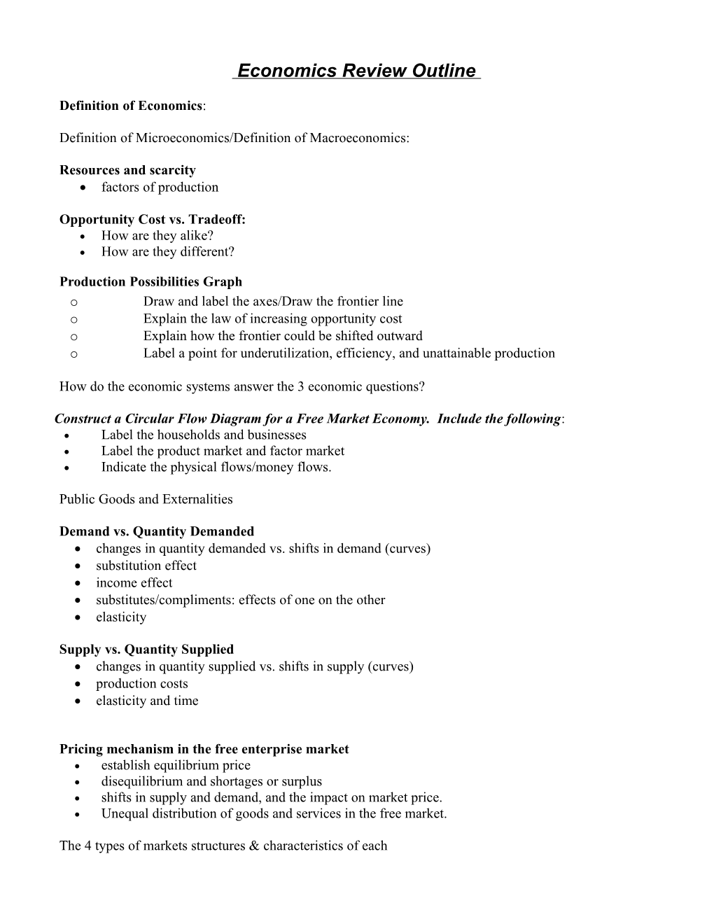 Economics Review Outline for 1St Half