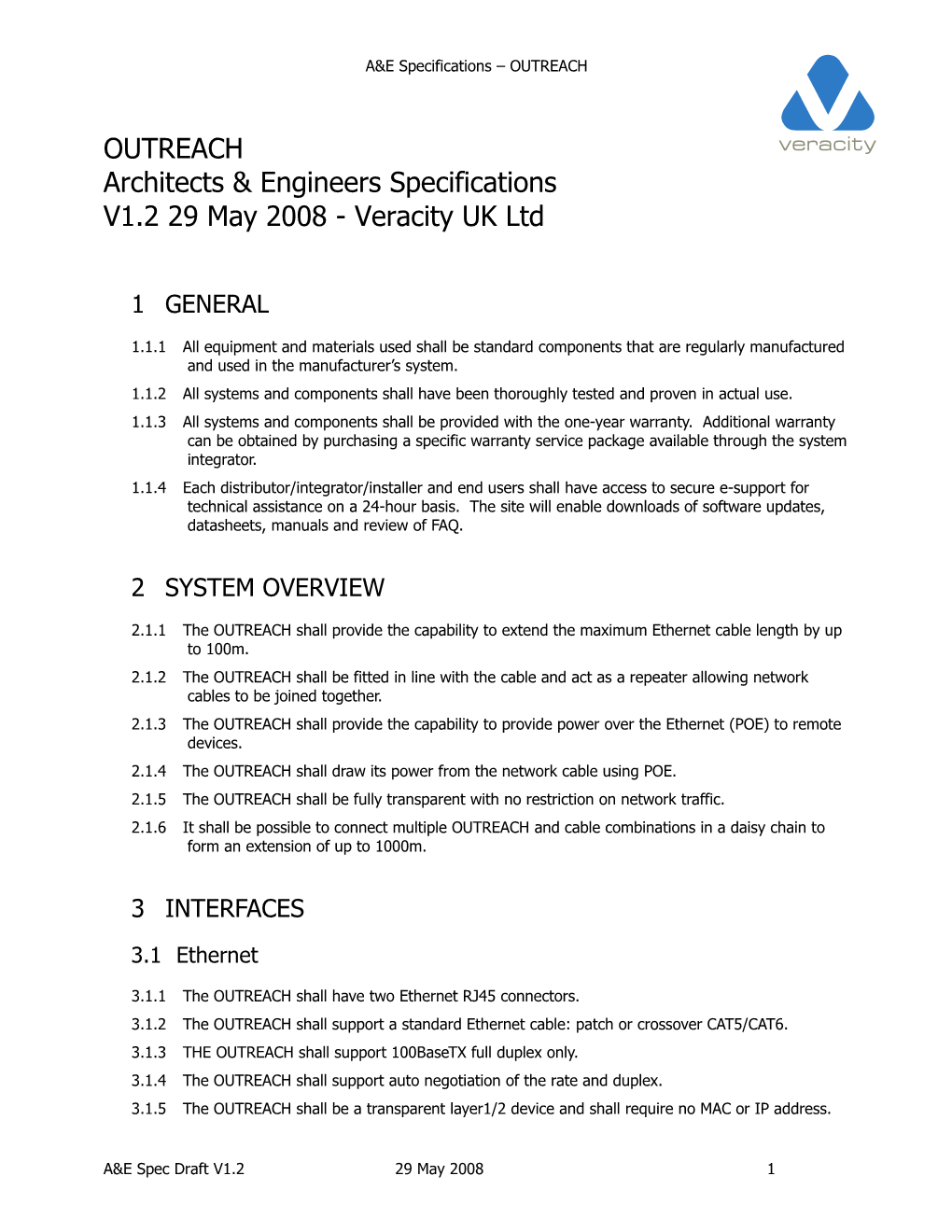 A&E Specifications OUTREACH