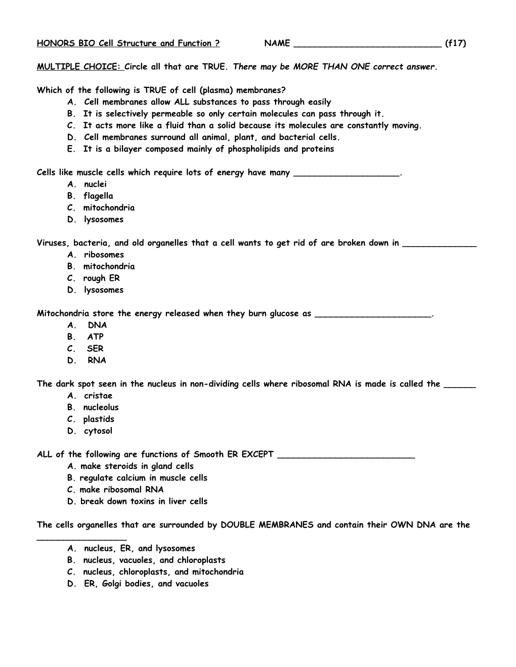 HONORS BIO Cell Structure and Function ? NAME ______(F17)